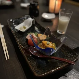 Kaiseki - uni, roasted duck, monkfish liver, oyster