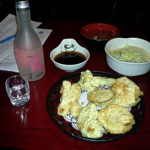 Tempura Vegetables, Sho Chiku Bai Ginjo Sake, Clear Soup, House salad