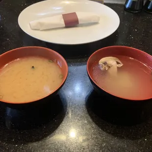Miso Soybean Soup (left) and Clear Soup (right)