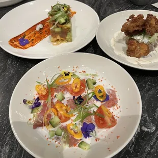 Crude of the Day Tuna and Avocado  Steak Tartare and Fried Oysters