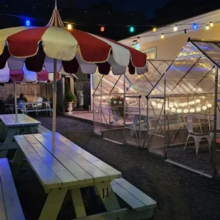 Courtyard with heated  little houses.