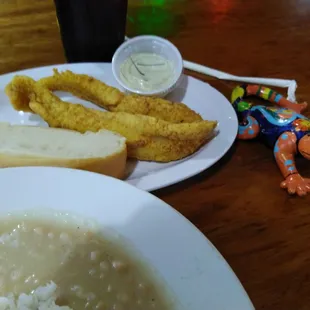 a plate of fish and rice