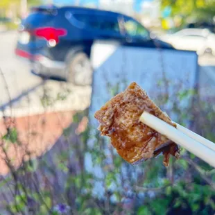 a hand holding chopsticks with fried chicken