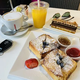 French Toast with Berries. Chocolate Napoleon. Orange Juice Fresh. Cappuccino