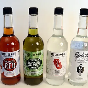 Toulouse Red, Absinthe Rouge, Toulouse Green, Absinthe Verte, RIZ, Louisiana Rice Whiskey, Buck 25 Vodka.