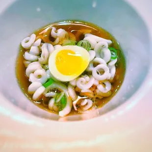 Squid, foie gras, shrimp broth, scallion