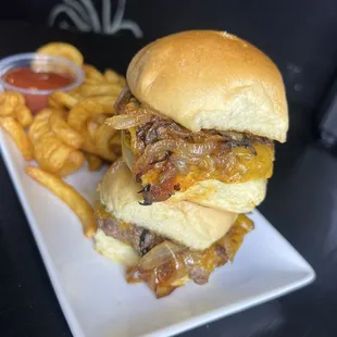 a beef sandwich and french fries
