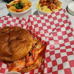 Lobster Roll, no butter. Lobster mac and cheese on the right and Lobster bisque on the left