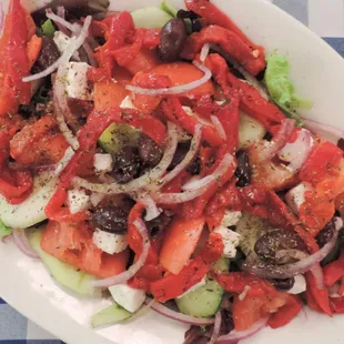 delicious horiatiki salad - tomatoes, cucumber, olives, red onion, and feta cheese. crowd favorite!