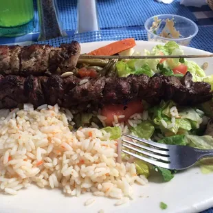 Mixed grill. Chicken &amp; lamb souvlaki with Greek salad