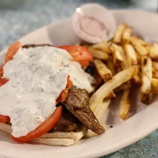 Beef gyro with garlic fries.