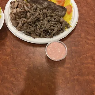 Three meat plate, side of garlic sauce