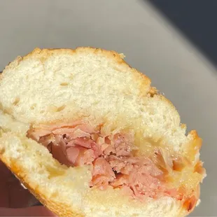 Grilled Bavarian honey ham &amp; raclette sandwich on a French baguette