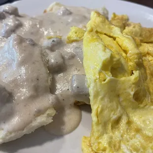 Biscuits and gravy.  Two scrambled eggs.