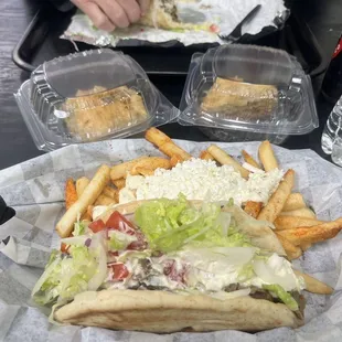 Traditional gyro with Greek fries and baklava