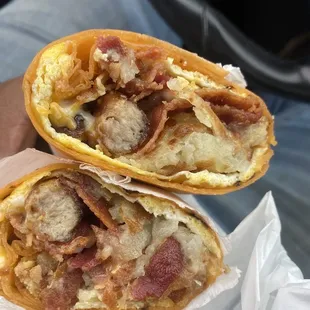 Bacon and sausage burrito .