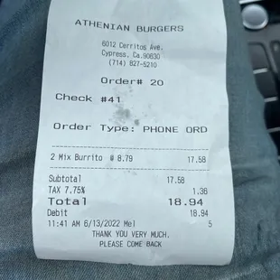 Receipt for 2 breakfast burritos with extra choice of meat on each
