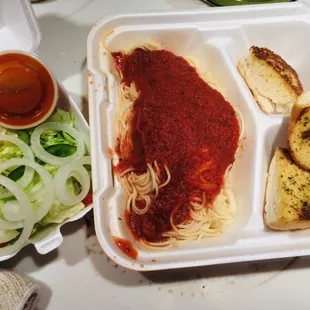 $6 spaghetti marinara to go incl small salad, garlic toast