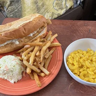 Haddock Dinner Fries Macaroni and cheese  Coleslaw