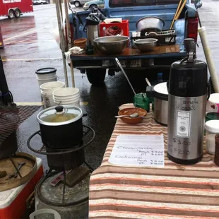 a table set up with food