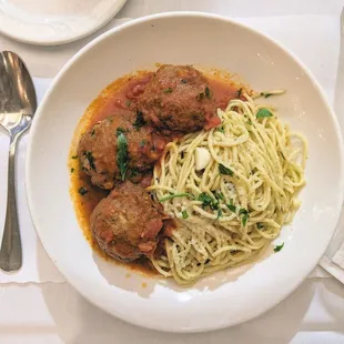 Keftethes (Greek Meatballs)- Mint and garlic meatballs served with Greek-style pasta