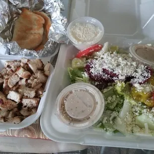 Medium Greek salad plus grilled chicken - on the side, extra feta. Superb Greek dressing.