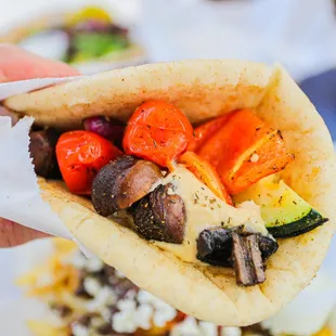 a hand holding a pita filled with vegetables