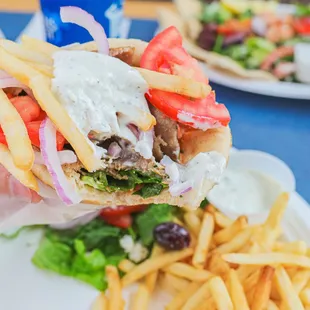 a hand holding a pita sandwich