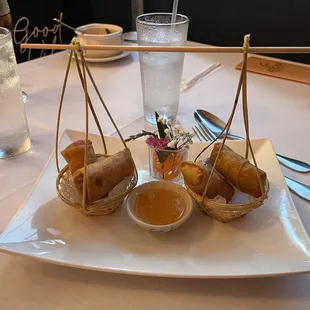 Spring rolls were yummy, hot, and beautifully plated.