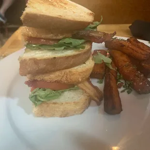 Salmon BLT with sweet potato fries.