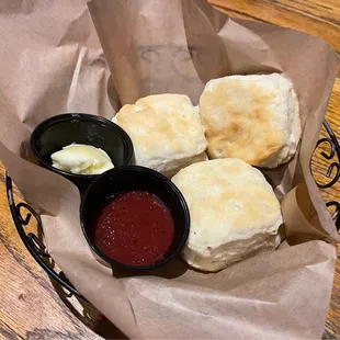 Complimentary Biscuits, honey butter and strawberry jam