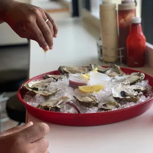 a person putting salt on a plate of oysters