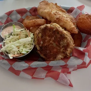 Combo Basket - fried fish of the day - Cod and a crab cake. $18.75 Two sides, hushpuppy