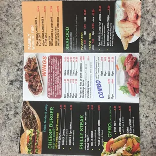 Our menu includes: burgers, phillys, wings, and fish (pollock, tilapia, swai)