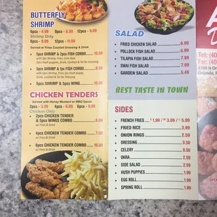 Our menu includes: butterfly shrimp, chicken tenders, salads, and sides