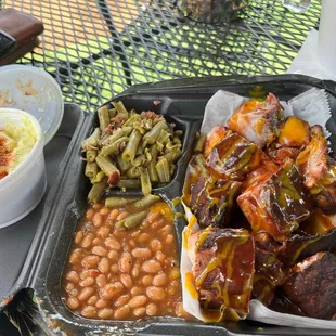 Smoked Rib Tip Combo with BBQ Mango Baked Beans, Green Beans with Turkey Meat and Potatoes and potato Smoke House Potatoe Salad