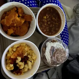 Beans, mac, yams, and banana pudding