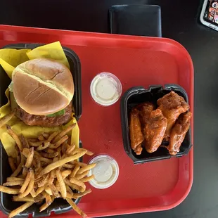 Spicy chicken sammich and 6 traditional mild wings.