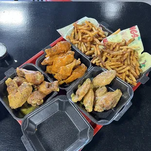 Chef special wings, Lemon Pepper wings, Hot Ranch wings, seasoned fries.