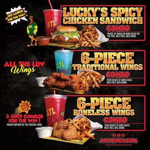 prices of chicken wings, fries, and a drink