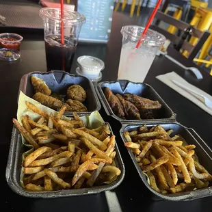Boneless on left and traditional on right  The fries are awesome
