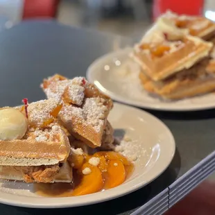 Crispy Fried Chicken and Waffles with Peach Cobbler