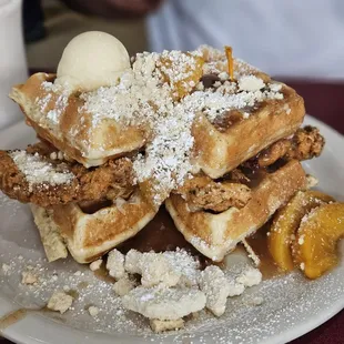 Chicken and waffles with peaches