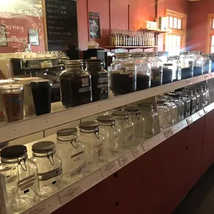 Dimly lit, but coffee options in jars