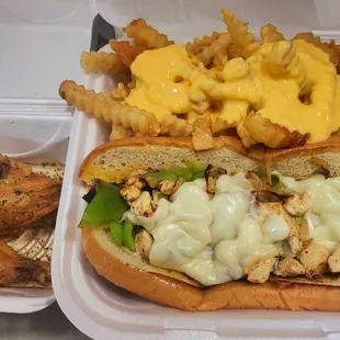 Chicken philly with 5 wings cheese fries