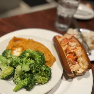 Lobster roll with Whipped Sweet Potato and Steamed Broccoli