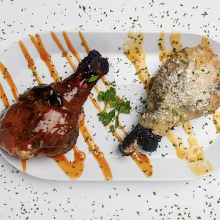 a plate of food on a white surface