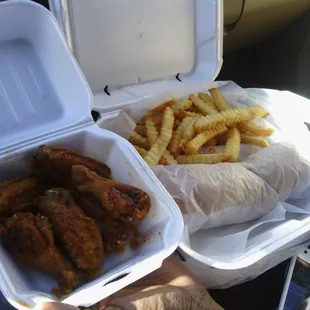 Philly cheese steak, fries, and 6 piece regular hot wings.