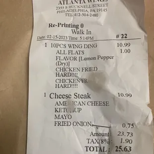 a receipt for the restaurant