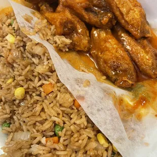 Hot wings and veggie fried rice